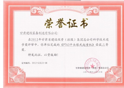 PT63平頭塔式起重機(jī)科技進(jìn)步獎(jiǎng)